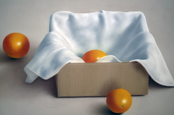 Robert Peterson - Three Oranges with Towel and Box
